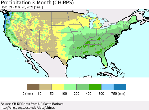 United States Precipitation 3-Month (CHIRPS) Thematic Map For 12/21/2020 - 3/20/2021