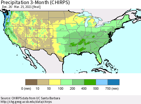 United States Precipitation 3-Month (CHIRPS) Thematic Map For 12/26/2020 - 3/25/2021