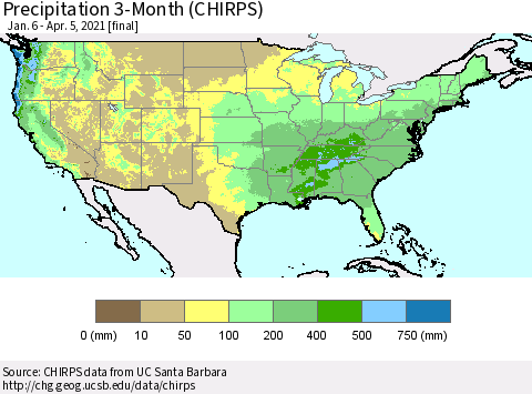 United States Precipitation 3-Month (CHIRPS) Thematic Map For 1/6/2021 - 4/5/2021