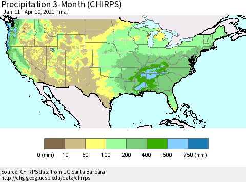 United States Precipitation 3-Month (CHIRPS) Thematic Map For 1/11/2021 - 4/10/2021