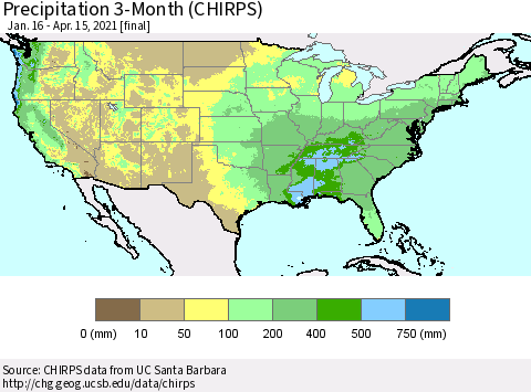 United States Precipitation 3-Month (CHIRPS) Thematic Map For 1/16/2021 - 4/15/2021