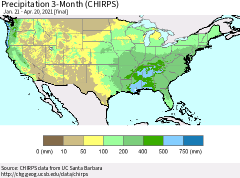 United States Precipitation 3-Month (CHIRPS) Thematic Map For 1/21/2021 - 4/20/2021