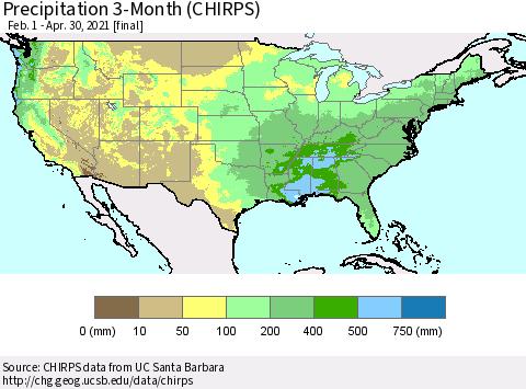 United States Precipitation 3-Month (CHIRPS) Thematic Map For 2/1/2021 - 4/30/2021