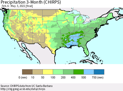 United States Precipitation 3-Month (CHIRPS) Thematic Map For 2/6/2021 - 5/5/2021