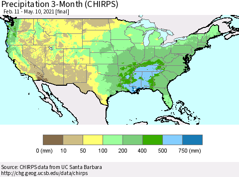 United States Precipitation 3-Month (CHIRPS) Thematic Map For 2/11/2021 - 5/10/2021