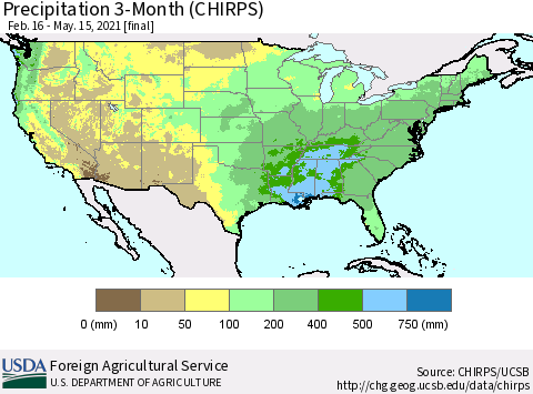 United States Precipitation 3-Month (CHIRPS) Thematic Map For 2/16/2021 - 5/15/2021