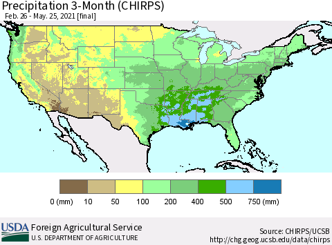 United States Precipitation 3-Month (CHIRPS) Thematic Map For 2/26/2021 - 5/25/2021