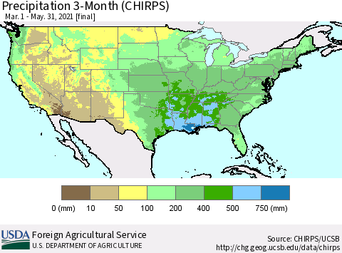 United States Precipitation 3-Month (CHIRPS) Thematic Map For 3/1/2021 - 5/31/2021
