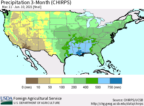 United States Precipitation 3-Month (CHIRPS) Thematic Map For 3/11/2021 - 6/10/2021