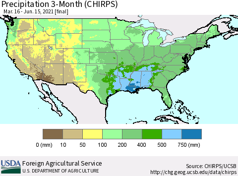 United States Precipitation 3-Month (CHIRPS) Thematic Map For 3/16/2021 - 6/15/2021