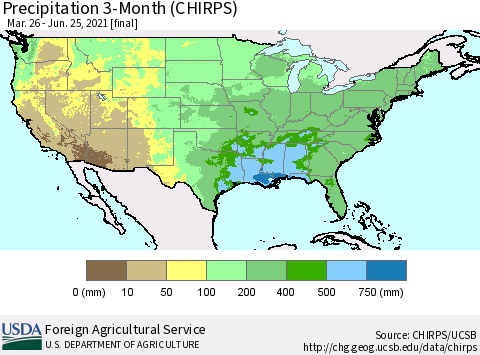 United States Precipitation 3-Month (CHIRPS) Thematic Map For 3/26/2021 - 6/25/2021