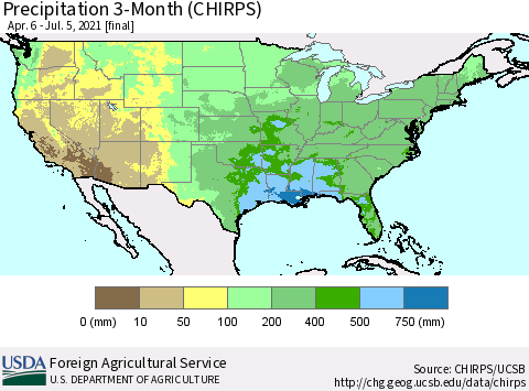 United States Precipitation 3-Month (CHIRPS) Thematic Map For 4/6/2021 - 7/5/2021