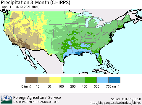 United States Precipitation 3-Month (CHIRPS) Thematic Map For 4/11/2021 - 7/10/2021
