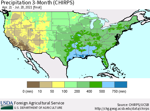 United States Precipitation 3-Month (CHIRPS) Thematic Map For 4/21/2021 - 7/20/2021
