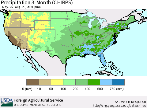 United States Precipitation 3-Month (CHIRPS) Thematic Map For 5/26/2021 - 8/25/2021