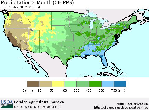 United States Precipitation 3-Month (CHIRPS) Thematic Map For 6/1/2021 - 8/31/2021