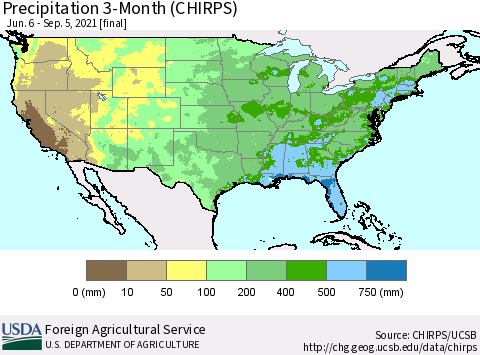 United States Precipitation 3-Month (CHIRPS) Thematic Map For 6/6/2021 - 9/5/2021