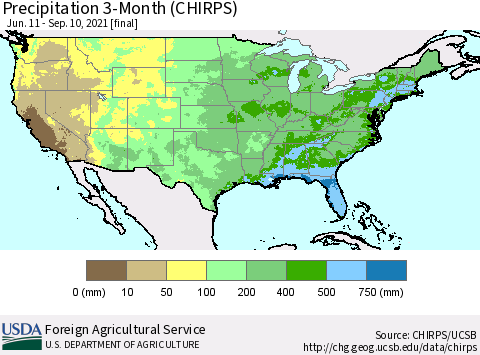 United States Precipitation 3-Month (CHIRPS) Thematic Map For 6/11/2021 - 9/10/2021