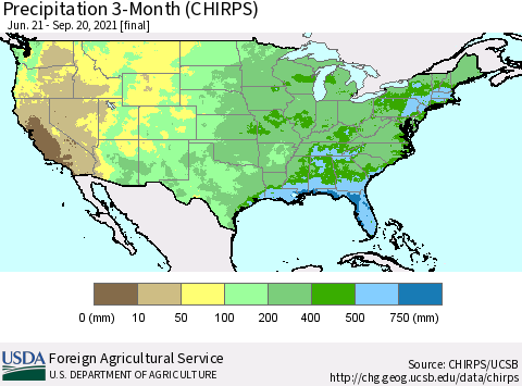 United States Precipitation 3-Month (CHIRPS) Thematic Map For 6/21/2021 - 9/20/2021