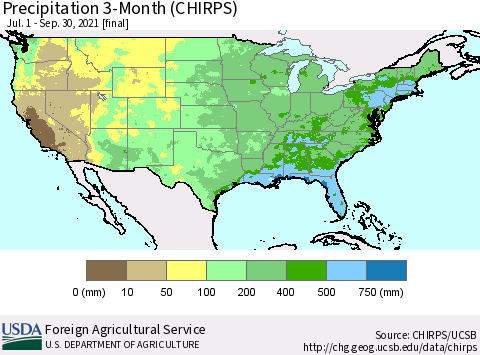 United States Precipitation 3-Month (CHIRPS) Thematic Map For 7/1/2021 - 9/30/2021