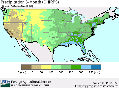 United States Precipitation 3-Month (CHIRPS) Thematic Map For 7/11/2021 - 10/10/2021