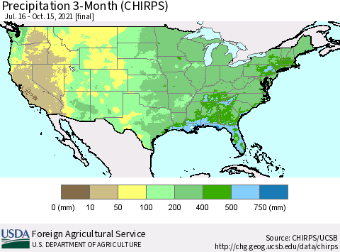 United States Precipitation 3-Month (CHIRPS) Thematic Map For 7/16/2021 - 10/15/2021