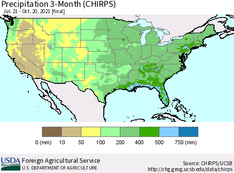 United States Precipitation 3-Month (CHIRPS) Thematic Map For 7/21/2021 - 10/20/2021