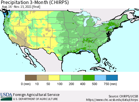 United States Precipitation 3-Month (CHIRPS) Thematic Map For 8/16/2021 - 11/15/2021