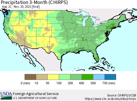 United States Precipitation 3-Month (CHIRPS) Thematic Map For 8/21/2021 - 11/20/2021