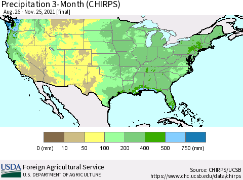 United States Precipitation 3-Month (CHIRPS) Thematic Map For 8/26/2021 - 11/25/2021
