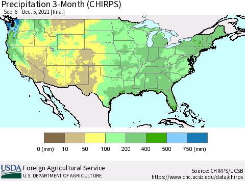 United States Precipitation 3-Month (CHIRPS) Thematic Map For 9/6/2021 - 12/5/2021