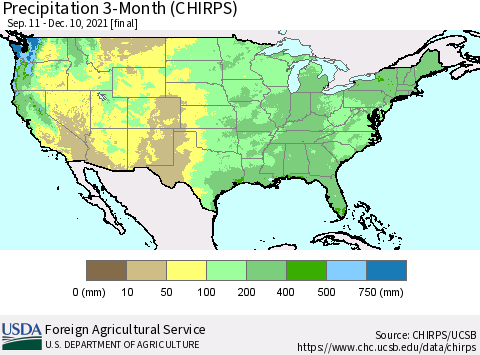United States Precipitation 3-Month (CHIRPS) Thematic Map For 9/11/2021 - 12/10/2021