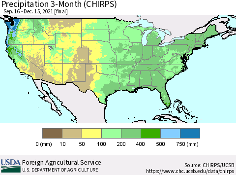 United States Precipitation 3-Month (CHIRPS) Thematic Map For 9/16/2021 - 12/15/2021