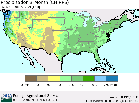 United States Precipitation 3-Month (CHIRPS) Thematic Map For 9/21/2021 - 12/20/2021