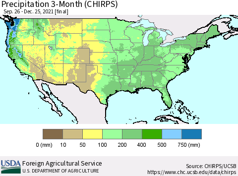 United States Precipitation 3-Month (CHIRPS) Thematic Map For 9/26/2021 - 12/25/2021