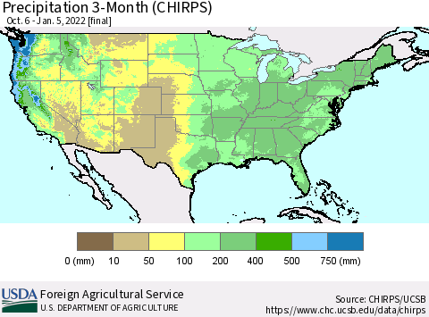 United States Precipitation 3-Month (CHIRPS) Thematic Map For 10/6/2021 - 1/5/2022