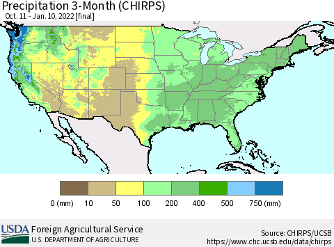 United States Precipitation 3-Month (CHIRPS) Thematic Map For 10/11/2021 - 1/10/2022