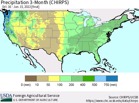 United States Precipitation 3-Month (CHIRPS) Thematic Map For 10/16/2021 - 1/15/2022