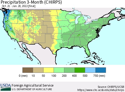 United States Precipitation 3-Month (CHIRPS) Thematic Map For 10/21/2021 - 1/20/2022