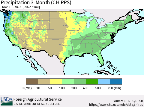 United States Precipitation 3-Month (CHIRPS) Thematic Map For 11/1/2021 - 1/31/2022