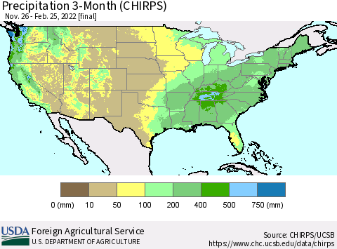 United States Precipitation 3-Month (CHIRPS) Thematic Map For 11/26/2021 - 2/25/2022