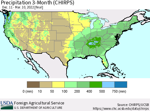 United States Precipitation 3-Month (CHIRPS) Thematic Map For 12/11/2021 - 3/10/2022