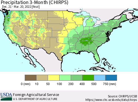 United States Precipitation 3-Month (CHIRPS) Thematic Map For 12/21/2021 - 3/20/2022