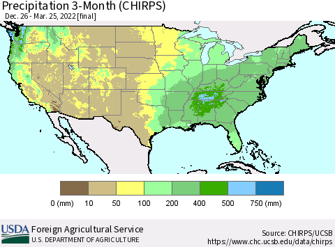 United States Precipitation 3-Month (CHIRPS) Thematic Map For 12/26/2021 - 3/25/2022