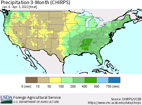 United States Precipitation 3-Month (CHIRPS) Thematic Map For 1/6/2022 - 4/5/2022