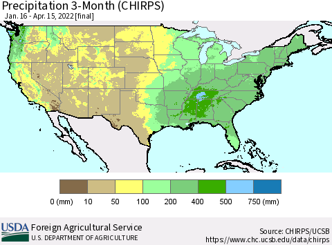 United States Precipitation 3-Month (CHIRPS) Thematic Map For 1/16/2022 - 4/15/2022