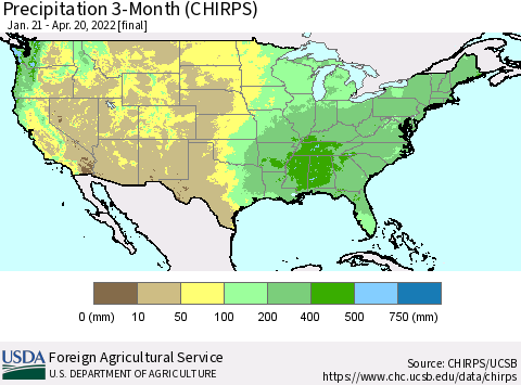 United States Precipitation 3-Month (CHIRPS) Thematic Map For 1/21/2022 - 4/20/2022