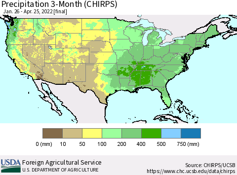 United States Precipitation 3-Month (CHIRPS) Thematic Map For 1/26/2022 - 4/25/2022