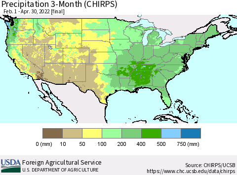 United States Precipitation 3-Month (CHIRPS) Thematic Map For 2/1/2022 - 4/30/2022