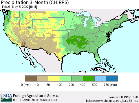 United States Precipitation 3-Month (CHIRPS) Thematic Map For 2/6/2022 - 5/5/2022